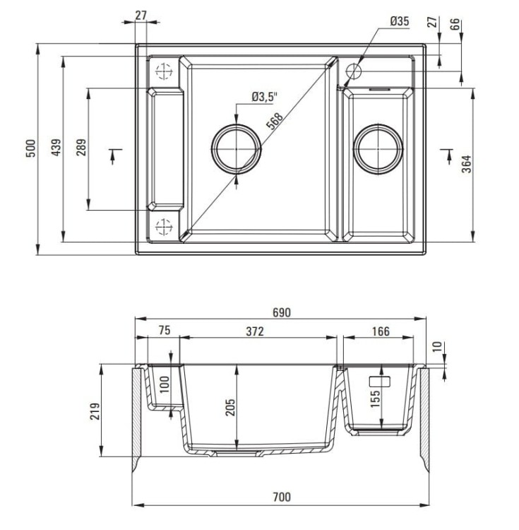 Zlewozmywak granitowy magnetyczny 1,5-komorowy bez ociekacza - alabaster Deante Magnetic