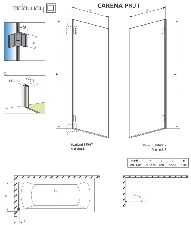 Parawan nawannowy Radaway Carena PNJ 67x150 lewy, szkło przejrzyste