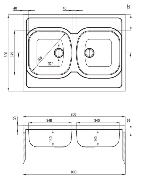 Zlewozmywak 2-komorowy bez ociekacza - dekor Tango Deante