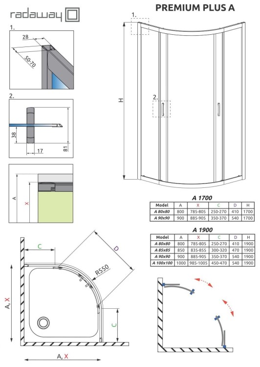 Kabina półokrągła Radaway Premium Plus A 90x90x170 szkło brązowe