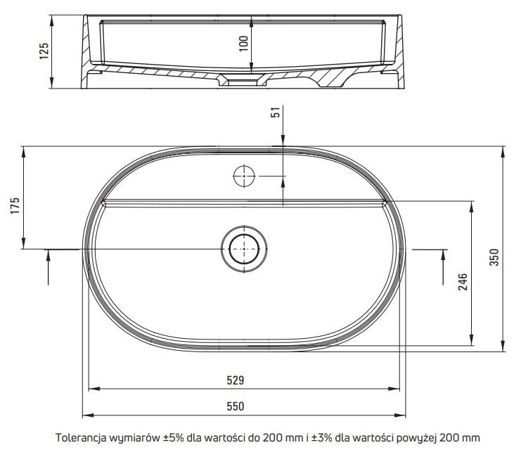 Umywalka granitowa nablatowa 55x35 z wyspą na baterię Silia Deante