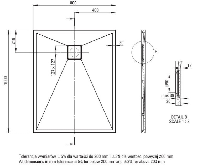 Brodzik granitowy prostokątny 100x80 beżowy Correo Deante