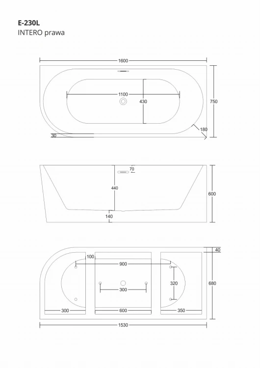 Wanna wolnostojąca narożna corsan intero 160 x 74 montaż prawostronny korek klik-klak grafit / gun metal