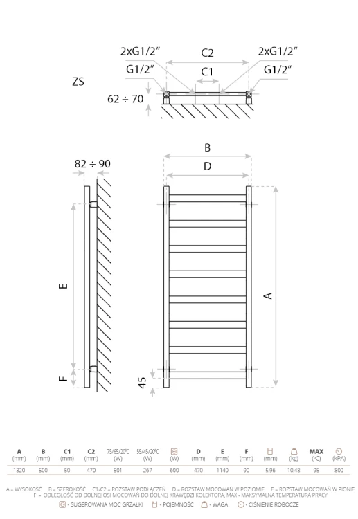 Grzejnik łazienkowy elektryczny Lungo White 1320 z grzałką White Lavita