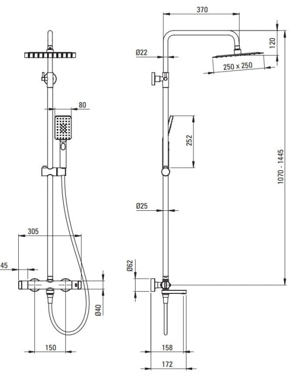 Deszczownica z baterią wannową termostatyczną titanium Deante