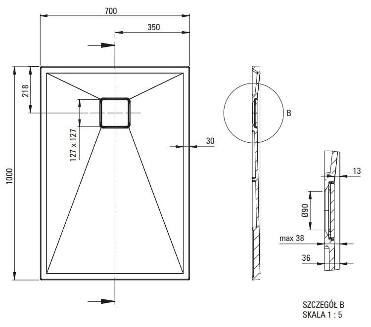 Brodzik granitowy prostokątny 100x70 antracyt metalik Correo Deante