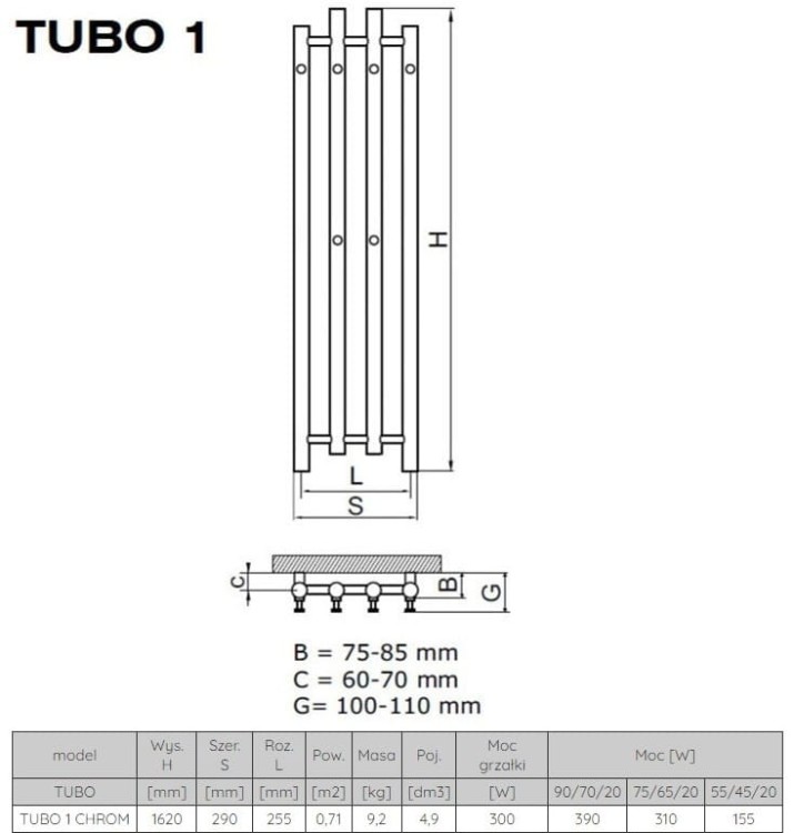Grzejnik łazienkowy dekoracyjny Radeco Tubo 1 162x29cm chrom
