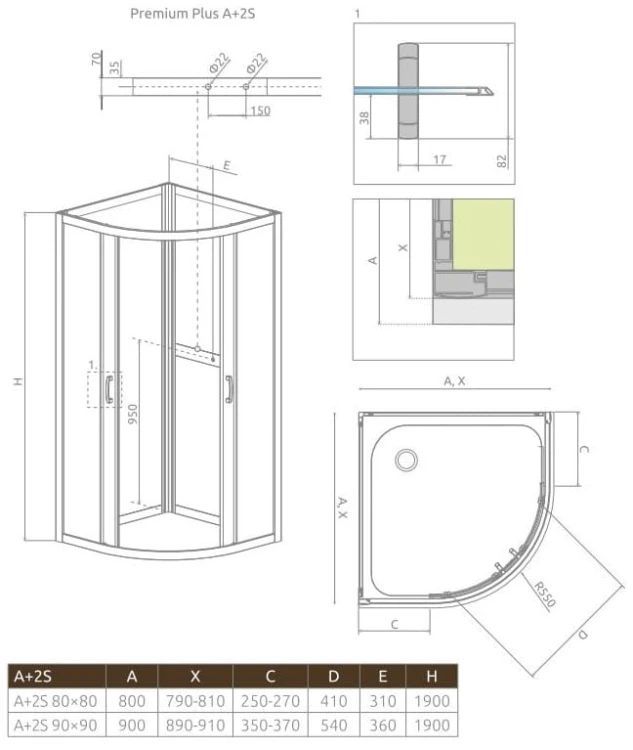 Kabina 4-ścienna Radaway Premium Plus A+2S 80x80x190 szkło przejrzyste