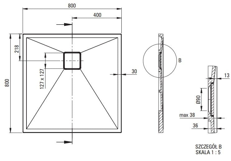Brodzik granitowy kwadratowy 80x80 szary metalik Correo Deante