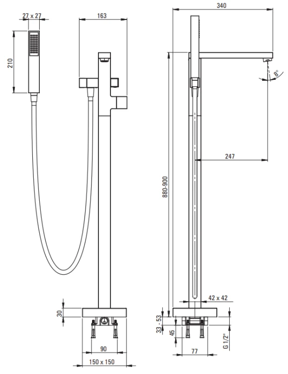 Bateria wannowa wolnostojąca z zestawem prysznicowym chrom Blur Deante