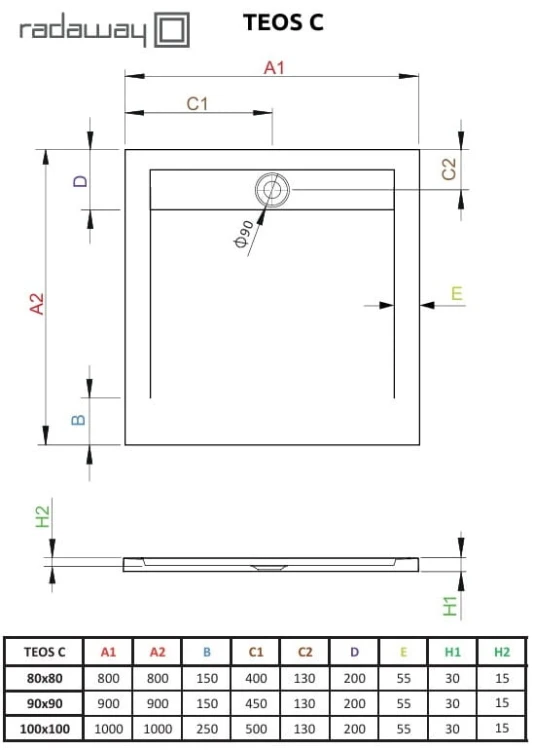 Brodzik kwadratowy Teos C 100x100 biały Radaway