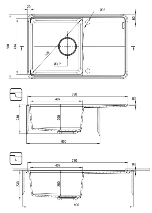 Zlewozmywak granitowy 1-komorowy + ociekacz szary metalik Momi Deante