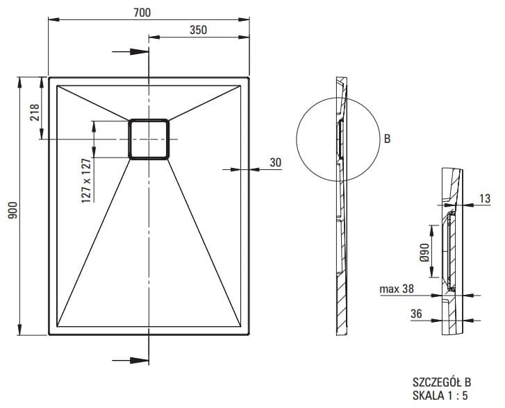Brodzik granitowy prostokątny 90x70 antracyt metalik Correo Deante