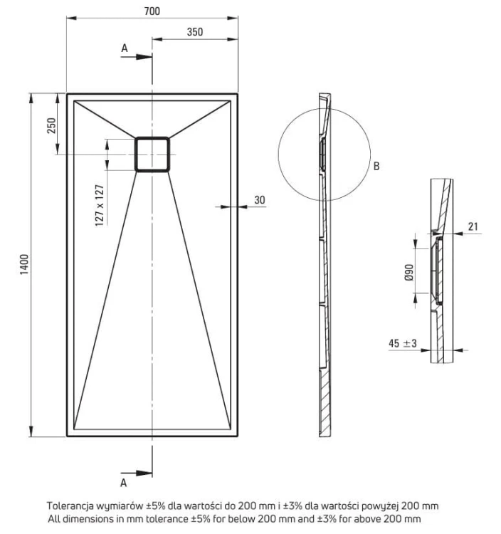 Brodzik granitowy prostokątny 140x70 antracyt metalik Correo Deante