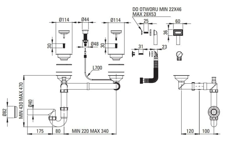 Syfon do zlewozmywaka granitowego 1.5- i 2-komorowego Space-Saver