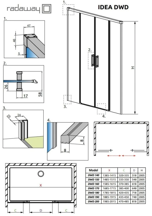 Drzwi prysznicowe Idea Brushed Nickel DWD Radaway szkło przejrzyste