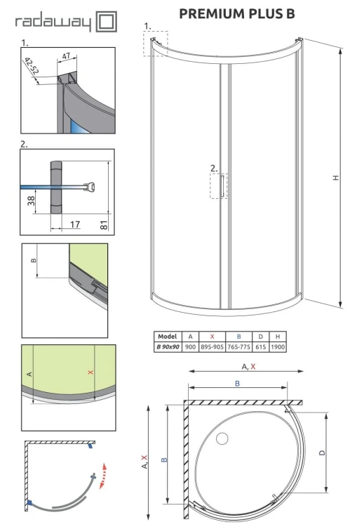 Kabina półokrągła Radaway Premium Plus B 90x90x190 szkło grafitowe