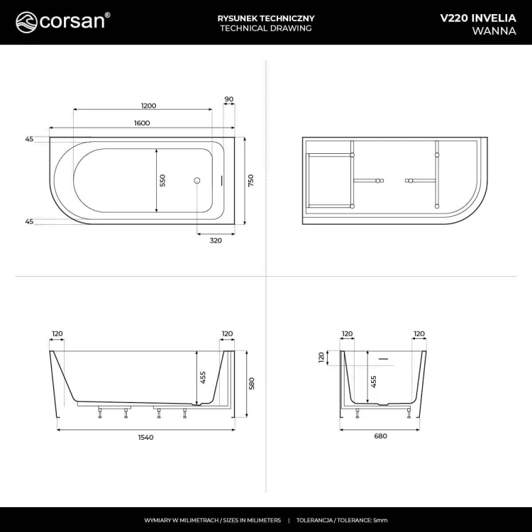 Wanna narożna invelia v220lpgm 160x75 cm montaż prawostronny korek klik klak gunmetal