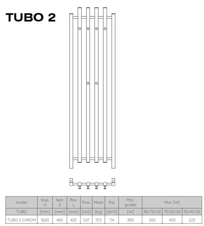 Grzejnik łazienkowy dekoracyjny Radeco Tubo 2 162x46cm chrom