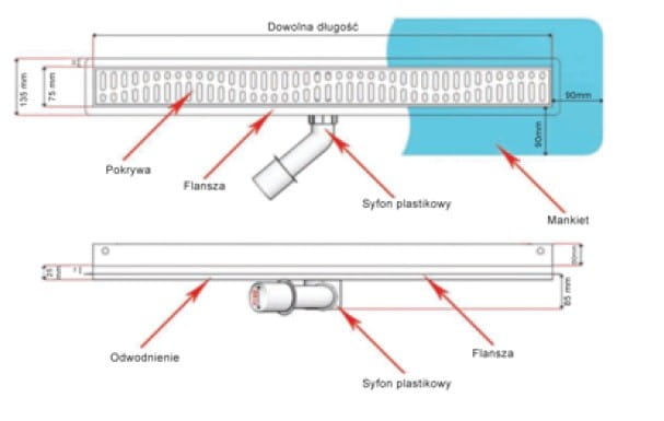 Odpływ liniowy ścienny z flanszą Kesmet 90 cm z rusztem Smooth