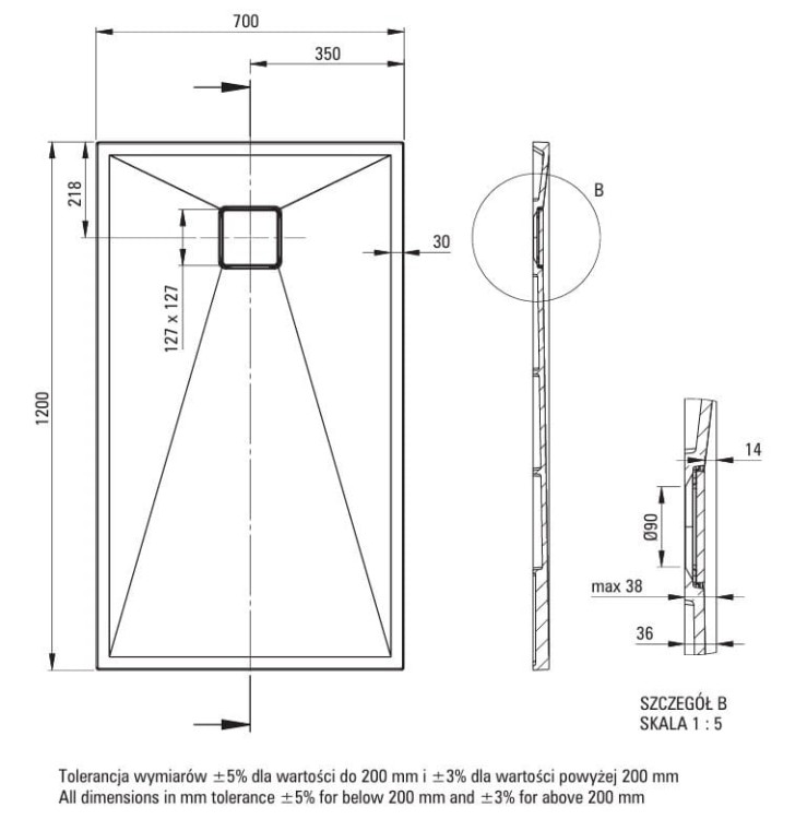 Brodzik granitowy prostokątny 120x70 alabaster Correo Deante