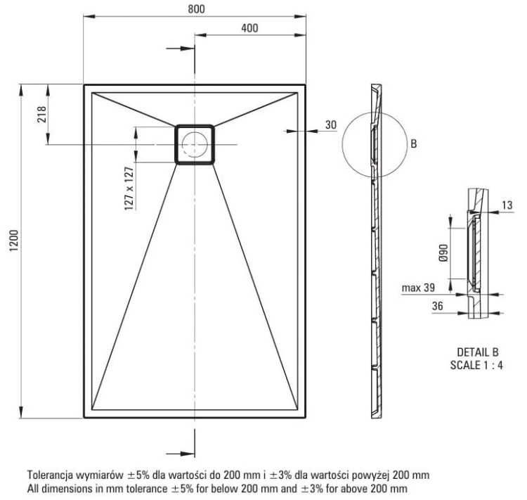 Brodzik granitowy prostokątny 120x80 szary metalik Correo Deante