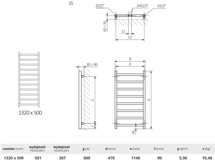 Grzejnik łazienkowy dekoracyjny Biały LUNGO WHITE 132x50 LaVita