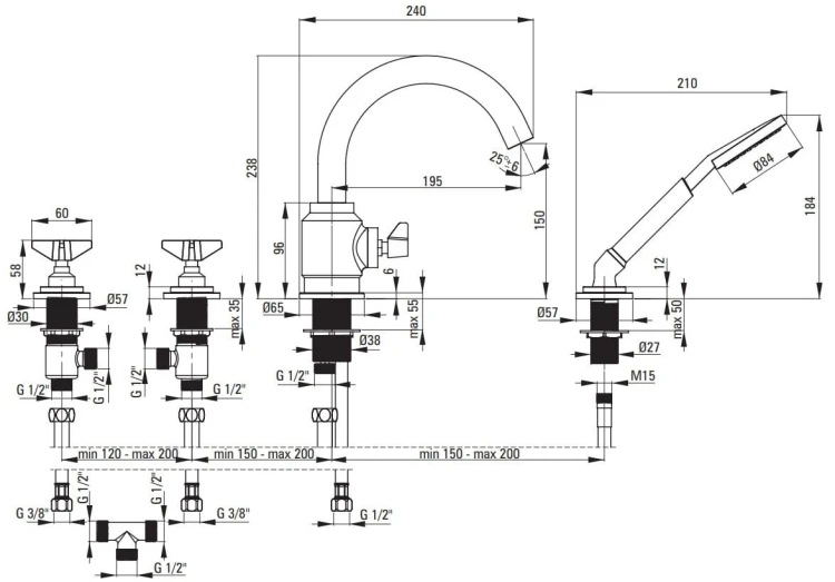 Bateria wannowa 4-otworowa z kompletem natryskowym Deante Temisto