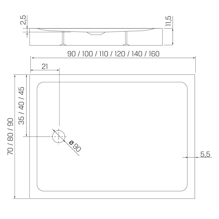 Brodzik prostokątny New Trendy Mild 80x90x11,5