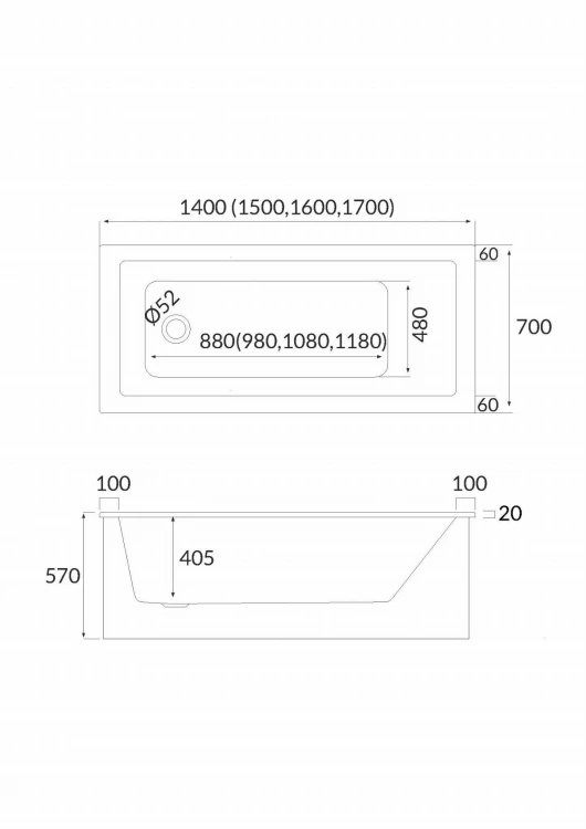 Wanna prostokątna z nośnikiem MAIO SET 140x70cm. Schedpol