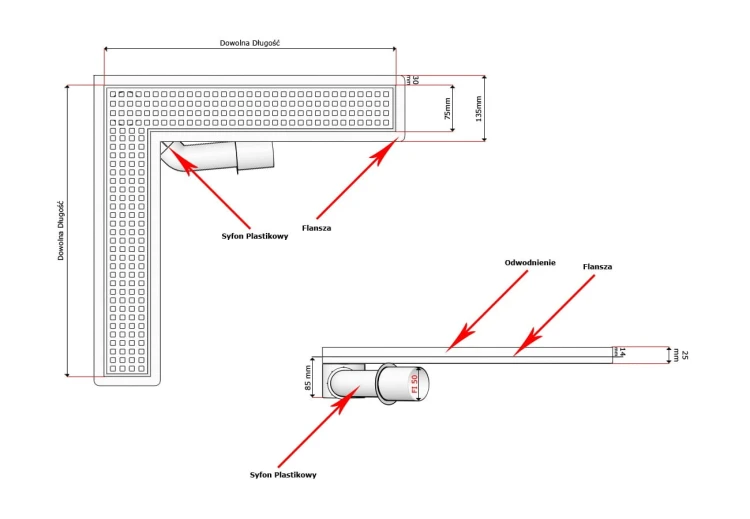 Odpływ liniowy narożny z flanszą Kesmet 90x90 cm z rusztem