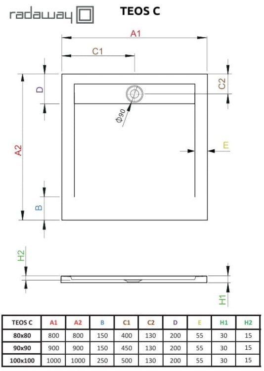 Brodzik kwadratowy Teos C 80x80 antracytowy Radaway