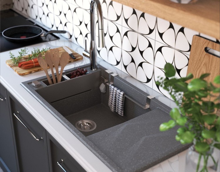 Zlewozmywak granitowy magnetyczny 1-komorowy z ociekaczem - szary metalik Deante Magnetic