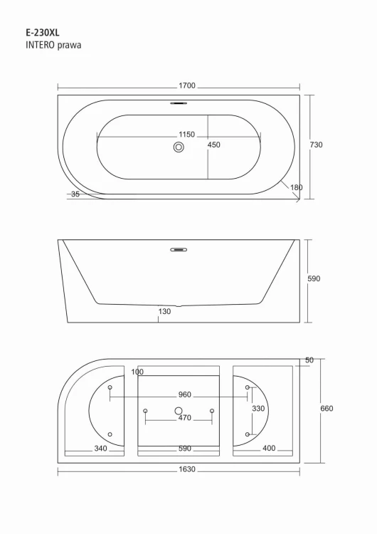 Wanna wolnostojąca narożna corsan intero 170 x 73 montaż prawostronny korek klik-klak grafit / gun metal