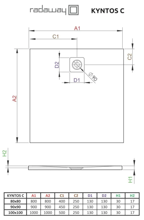 Brodzik kwadratowy Kyntos C 100x100 Radaway cementowy