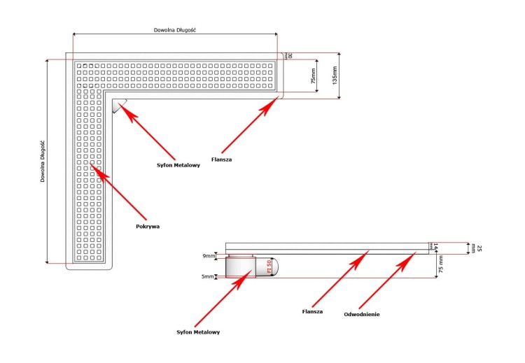 Odpływ liniowy narożny z flanszą i metalowym syfonem Kesmet 90x90 cm z rusztem