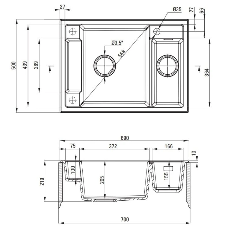 Zlewozmywak granitowy magnetyczny 1,5-komorowy bez ociekacza - antracyt Deante Magnetic