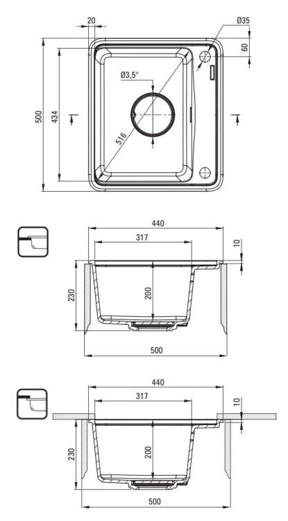 Zlewozmywak granitowy 1-komorowy grafit metalik Momi Deante