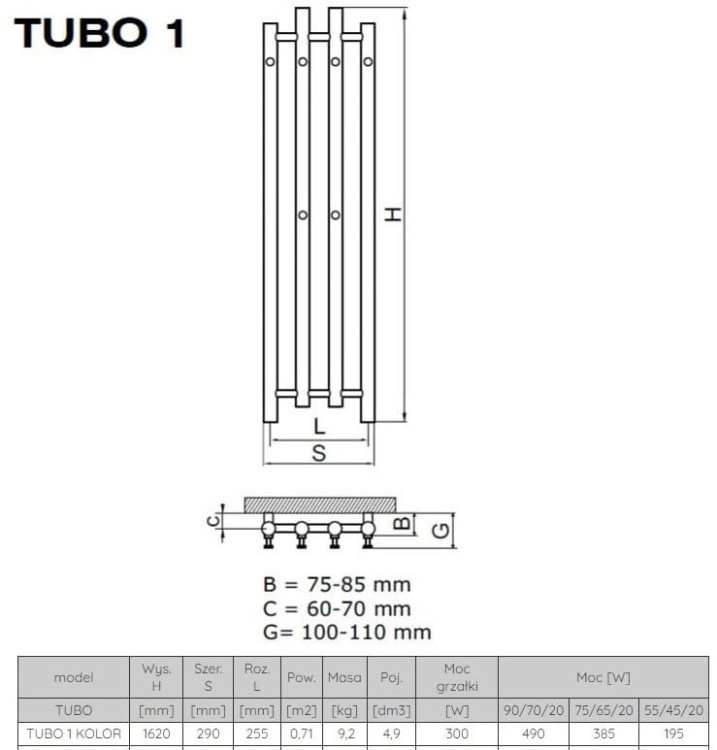 Grzejnik łazienkowy dekoracyjny Radeco Tubo 1 162x29cm kolor