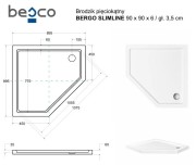 Brodzik pięciokątny biały Besco BERGO SLIMLINE 90x90x6