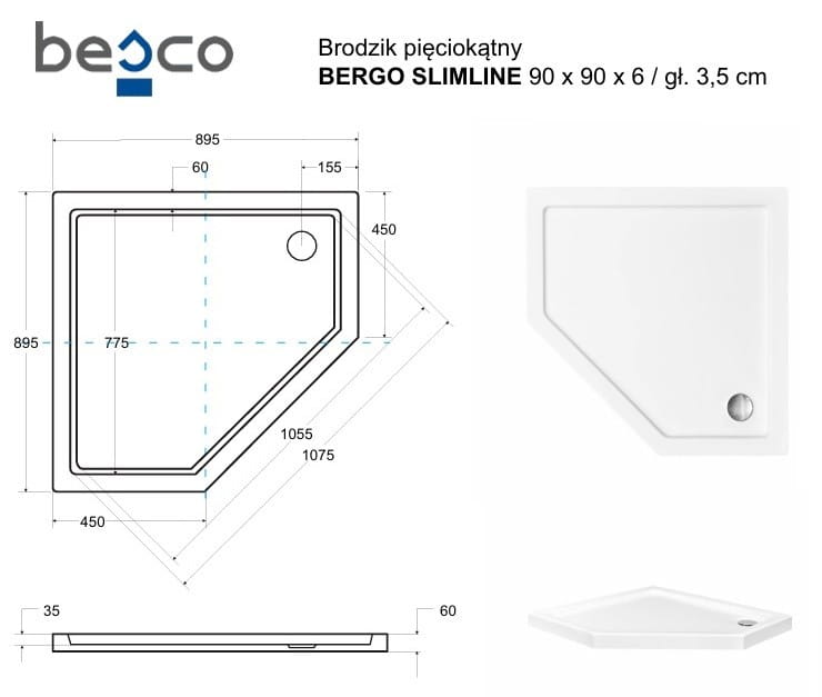 Brodzik pięciokątny biały Besco BERGO SLIMLINE 90x90x6