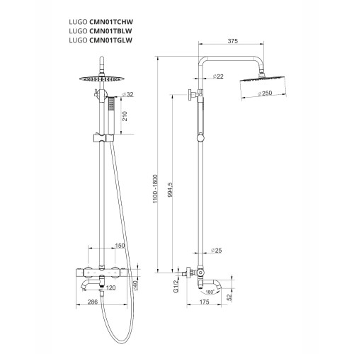 Zestaw natryskowy z termostatem kolumna corsan lugo deszczownica 25cm wylewka obrotowa gunmetal