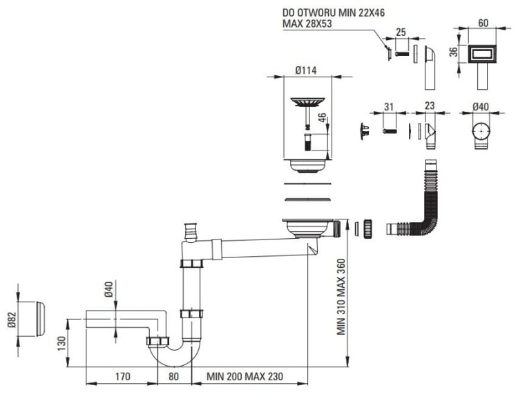 Zlewozmywak granitowy 1-komorowy podwieszany nero Corda Deante