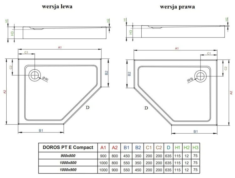 Brodzik pięciokątny Radaway Doros PT E Compact 100x90 Stone czarny lewy