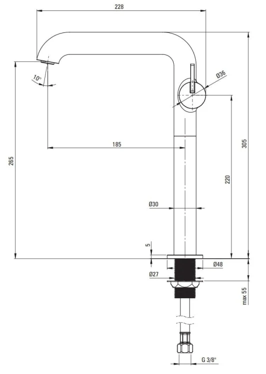 Bateria umywalkowa wysoka z prostokątną wylewką