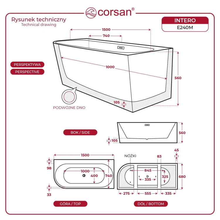 Wanna wolnostojąca narożna corsan intero 150 x 74 z szeroką krawędzią montaż prawostronny korek klik-klak grafit / gunmetal
