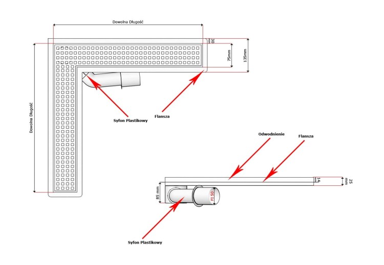 Odpływ liniowy narożny z flanszą Kesmet 100x100 cm z rusztem