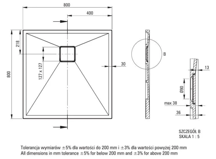 Brodzik granitowy kwadratowy 80x80 beżowy Correo Deante