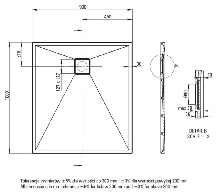 Brodzik granitowy prostokątny 100x90 nero czarny Correo Deante