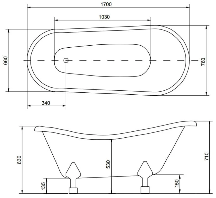 Wanna wolnostojąca Besco OTYLIA 170x77 cm łapy chrom